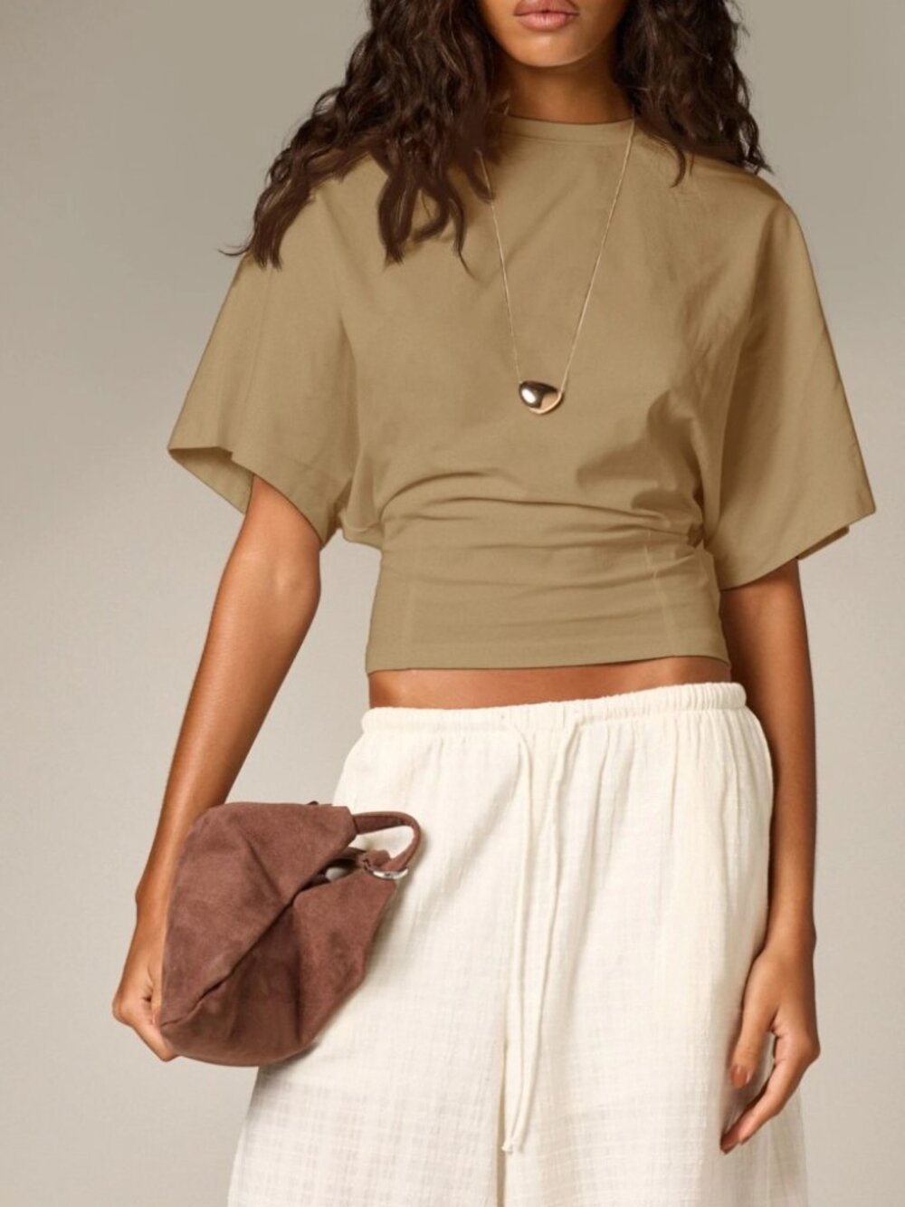 Tan Cropped Boxy Tee with Draped Wide Sleeves